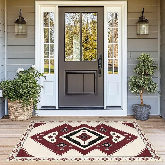 4x6 Western Rugs for Living Room Southwestern Aztec Tribal Area Rug | Washable Southwest Navaj Rugs Low Pile Non-Slip Indoor Floor Carpet for Dining Room Bedroom Kitchen Office, Beige Red