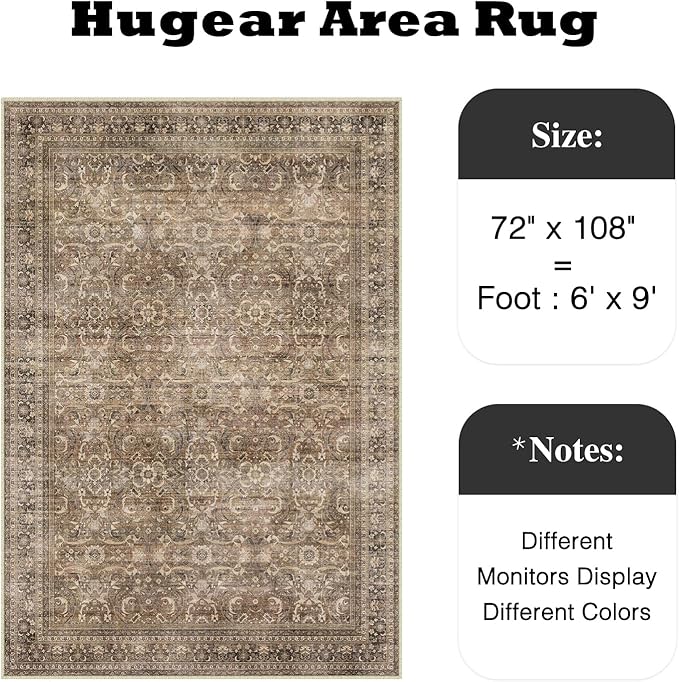 6x9 Brown Vintage Distressed Washable Area Rug for Living Room | Low Pile, Non Slip, Retro Style, Soft Distressed Indoor Rug for Living Room, Bedroom, Dining Room, Office, Home Decor