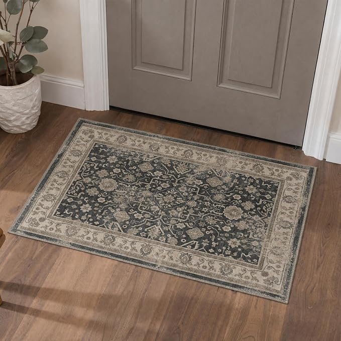 2x3 Doormat, Vintage Floral Washable Non Slip Area Rug for Entrance | Oriental Floral Soft Low Pile Boho Rug for Entryway Bedside Kitchen, Stain Resistant Lightweight Easy Care, Dusty Charcoal