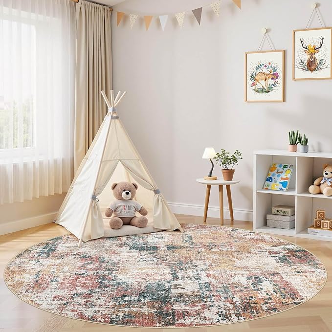 Tortania Washable 8' Round Area Rug for Living Room: Modern Abstract Neutral Large So' Thin Rugs - Non Slip Indoor Carpet for Bedroom Dining Room Office Nursery Home Floor Decoration - Colorful Multi