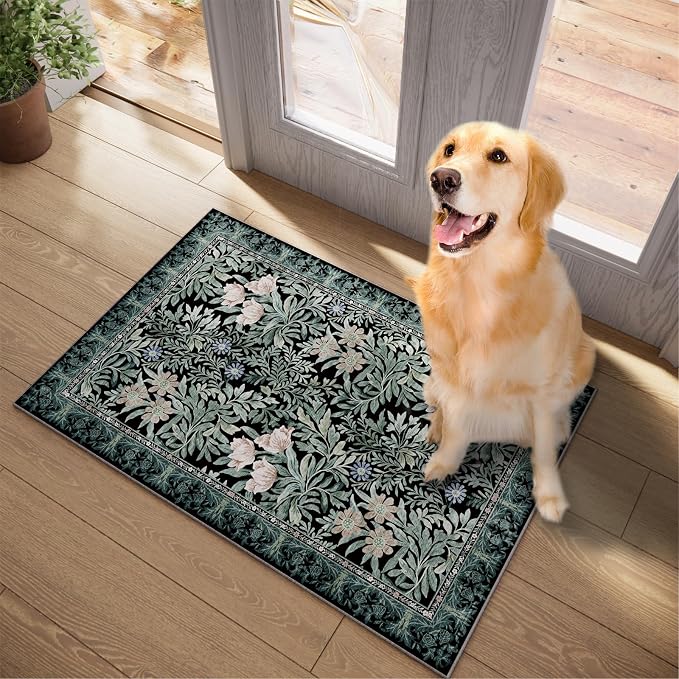 Washable Entryway Area Rugs 2x3 Black Green Vintage Floral Botanical Pattern,Perfect for Soft Door Mat Indoor Entrance, Ultra-Thin Easy Clean Small Throw Carpet for Bedroom Bathroom