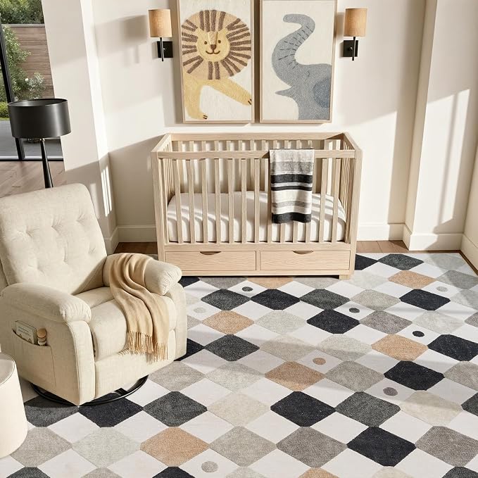 jinchan 8x10 Kids Playroom Rug Washable Diamond Nursery Play Mat Marble | Soft, Non-Slip, Cute, Kid-Friendly, Checkered Geometric, Black White on Cream, Classroom, Living Room, Bedroom, Dorm, Daycare
