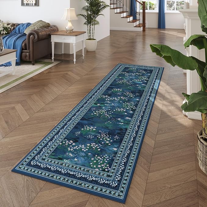 Rugcomf Runner Rug Impressionist-Style Vintage Kitchen Rugs Non Slip Washable Soft Carpet Runner for Kitchen Laundry Bedroom Bathroom, Blue