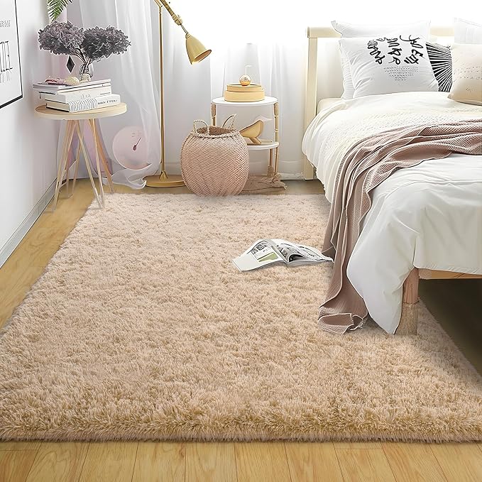 Soft Shag Fluffy Rugs for Bedroom 4x6 Beige Neutral Washable | Upgrade Non-slip, 4 x 6 Shaggy Rugs for Living Room Nursery, High Pile Fuzzy Plush Carpet Kids Room Dorm, Flame Resistant