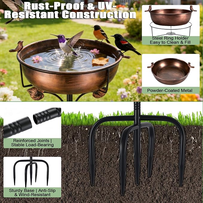 Bird Bath for Outside, 27.6" H Standing Bird Feeder Bowl with 11.8" Wide Basin, 1-Tier Metal & Copper Garden Bird Bath and Feeder for Yard Patio Backyard Lawn Flower Bed Outdoor Garden Decor