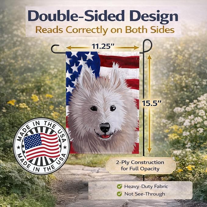 Caroline's Treasures CK6687GF Samoyed Dog American Flag Garden Flag Mailbox Flag Decorative Yard Flag Banner Outside Patio Artwork Yard Flower Beds, Garden Size, Multicolor
