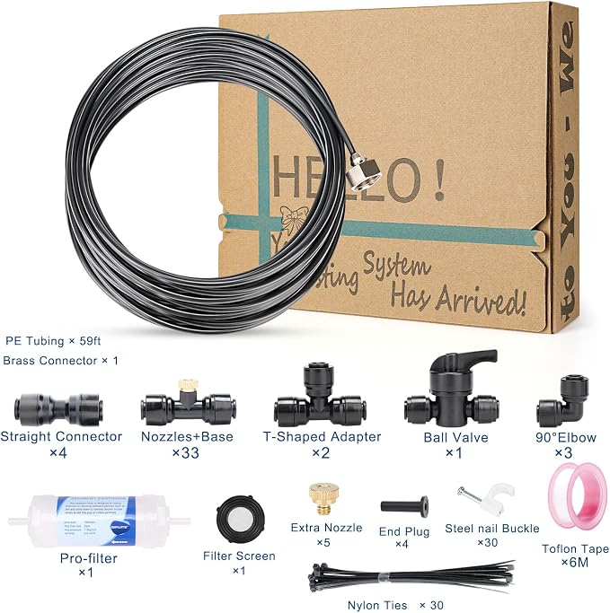 Misters for Outside Patio, 59ft Misting Line + Filter + 23 Brass Misting Nozzles +Brass Adapter(3/4") Misting System for Garden, Greenhouse, Trampoline and Chicken Coop