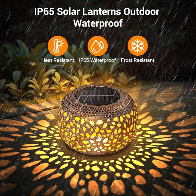 Solar Lanterns Outdoor Waterproof: 2 Pack LED Lamps for Patio - White Hollowed-Out Metal Retro Solar Light Decor Gift for Women Mom Mothers Day Yard Garden Balcony Indoor Desk Tabletop Decorations