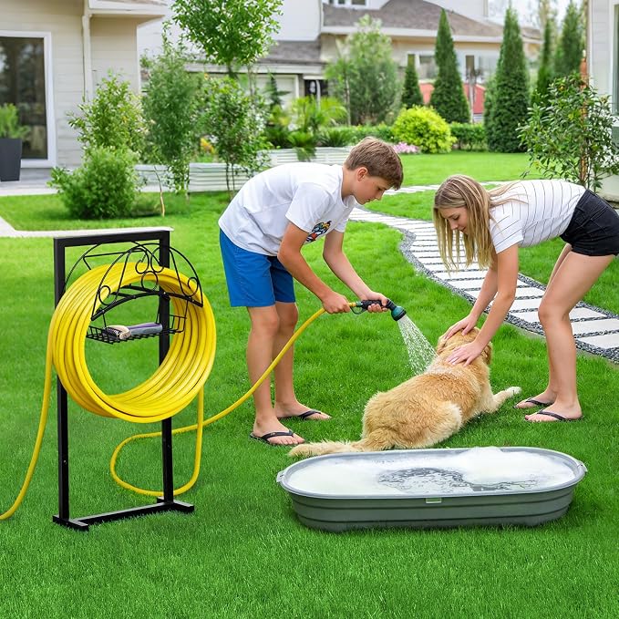 ATR ART TO REAL Garden Hose Holder, Heavy Duty Water Hose Reel For Outside Garden Hose Storage Hose Hanger Holds 150-Feet for Yard Lawn Farm (Style C + Basket)