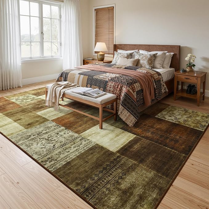 Washable Area Rugs 4x6 for Living Room, Modern Geometric Brown Soft Patchwork Carpet, Non-Slip Stain Resistant Throw Rug for Bedroom Dining Room Office Home Decor