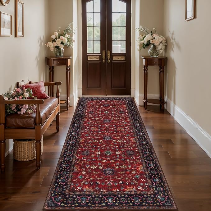 Tangsoo 2x6 Washable Runner Rug for Hallways, Oriental Non Slip Rug Runners | Vinatge Soft Low Pile Rug, Boho Print Carpet Farmhouse Hallway Runner for Kitchen Bedroom Entryway Bathroom Red Black