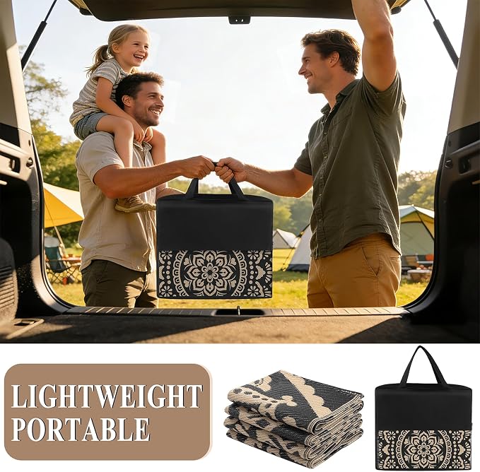 Bsmathom Waterproof Outdoor Rug, 5'x8', Black | Reversible, Boho Plastic Straw, Portable RV Mat, For Patio, Deck, Camping, Porch, Balcony, Backyard, Beach, Pool