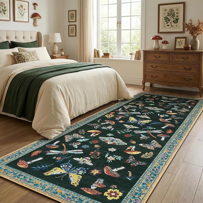 ROYHOME Mushroom Insect 2.5x8 Kitchen Runner Rug for Hallways Black | Entryway Bedroom Bathroom Washable Bug Moth Cute Funky Cottage Core Whimsical Boy Rugs Low-Pile Non-Slip TPE Backing