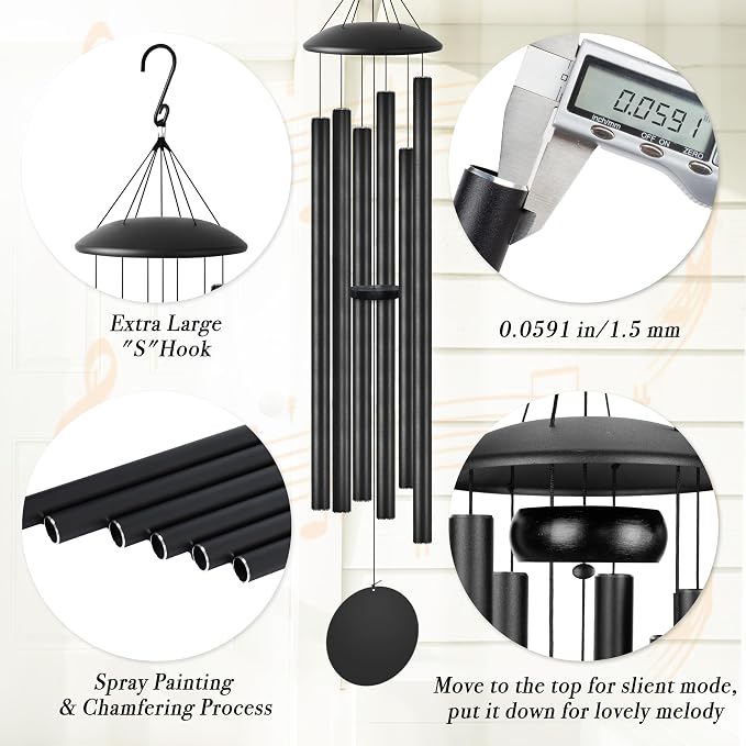 60" Extra Large Wind Chimes with Outside Deep Tone, 6 Thick and Bold Aluminum Tubes, Coolest Metal Windchimes Outdoors, Unique Gift for Mom Women Grandma Neighbors, Garden Decoration(Black)