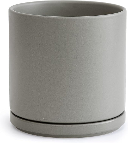 D'vine Dev 10 Inch Ceramic Planter Pot with Drainage Hole and Saucer, Indoor Cylinder Round Planter Pot, Grey, 94-O-E-3