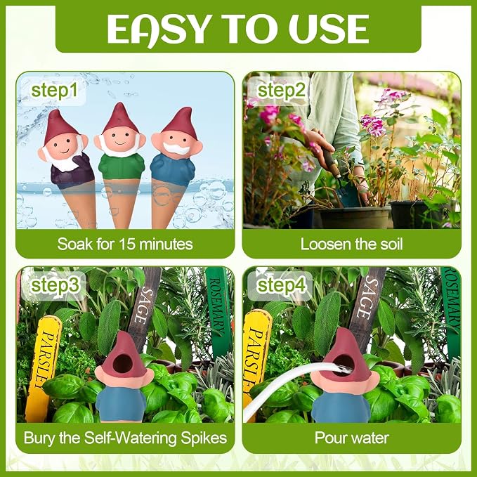 Teenyyou 7 Pack Gnome Terracotta Plant Watering Spikes - Easy Top Fill Self Waterer Insert - Cute Vacation Automatic Stakes for Indoor Outdoor Houseplants