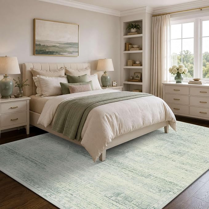 Latte&Fog 8x10 Area Rugs for Living Room Washeble Large Green Rugs Non Slip | for Bedroom Dining Kitchen Kids Playroom Nursery Classroom Dorm Farmhouse Office, Non Slip Low Pile Soft Floral Carpet Indoor