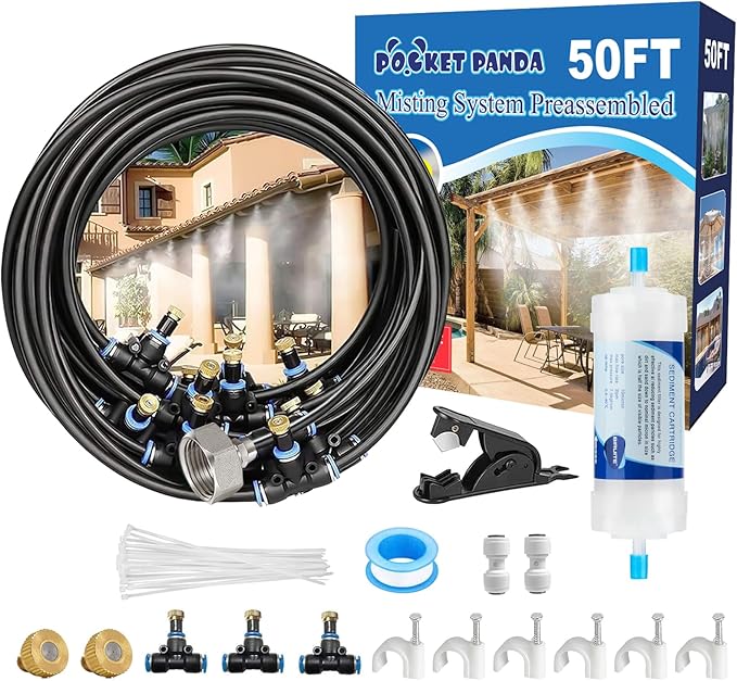 POCKET PANDA Pre-Assembled Misters for Outside Patio,Outdoor Misting Cooling System,50FT|15M.Backyard Mist Kit for Garden,Greenhouse,Deck,Umbrella,Canopy,Pool,Porch,Trampoline,Park