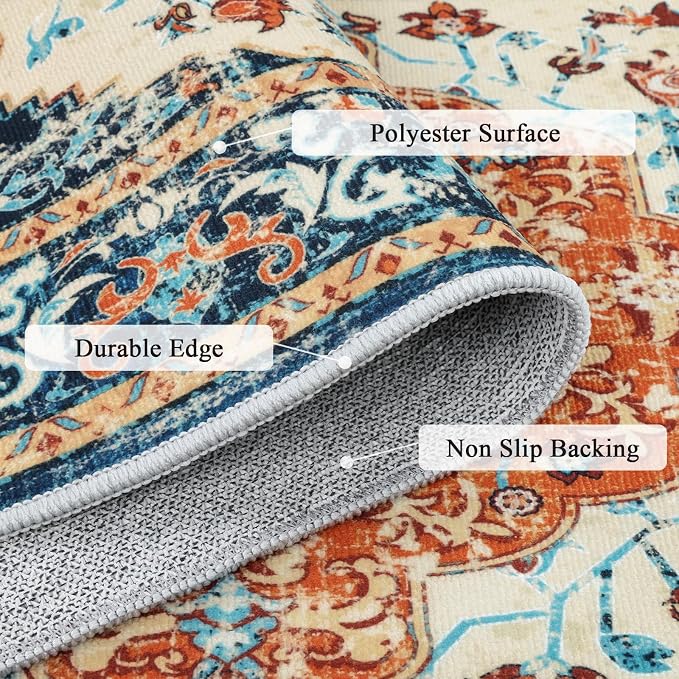 U'Artlines 2' x 6' Boho Hallway Runner Rug, Washable Carpet, Orange/Multi | Non Slip, Vintage Farmhouse Accent Area Rug Carpet, for Kitchen Entryway Laundry and Living Room