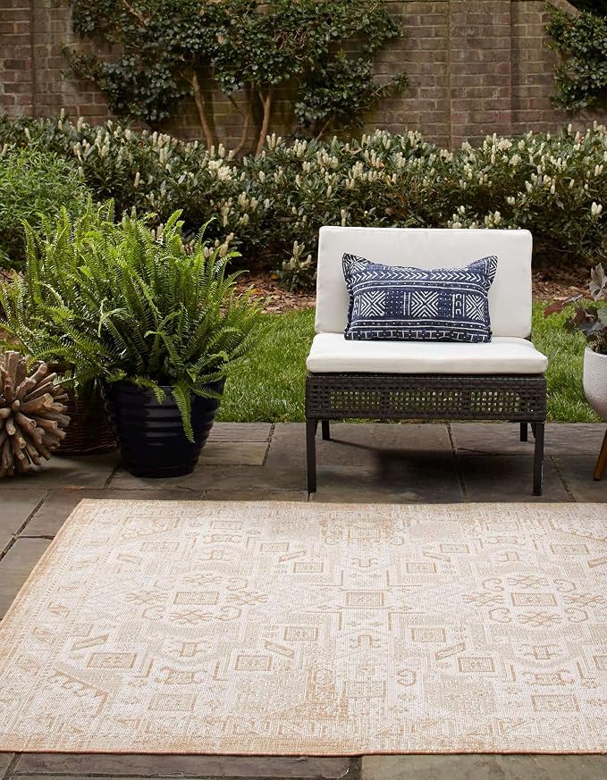 Unique Loom Outdoor Aztec Collection Area Rug - Coba (10' Square, Natural/ Ivory)