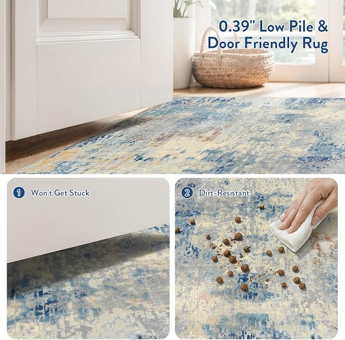 Lahome 2x4 Washable Hallway Runner Rug, Non Slip Runner Rug, Easy Clean Soft Stain Resistant Carpet for Entrance, Front Door, Door-Friendly Mat with Low Pile, 2 x 4 Blue/Ivory