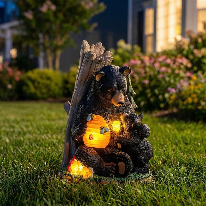 Candieslife Solar Bear Garden Statue with Glowing Beehive & Cub - Outdoor LED Figurine Decor for Patio, Lawn, Yard Art - Unique Birthday Housewarming Gift for Women, Mom, Father