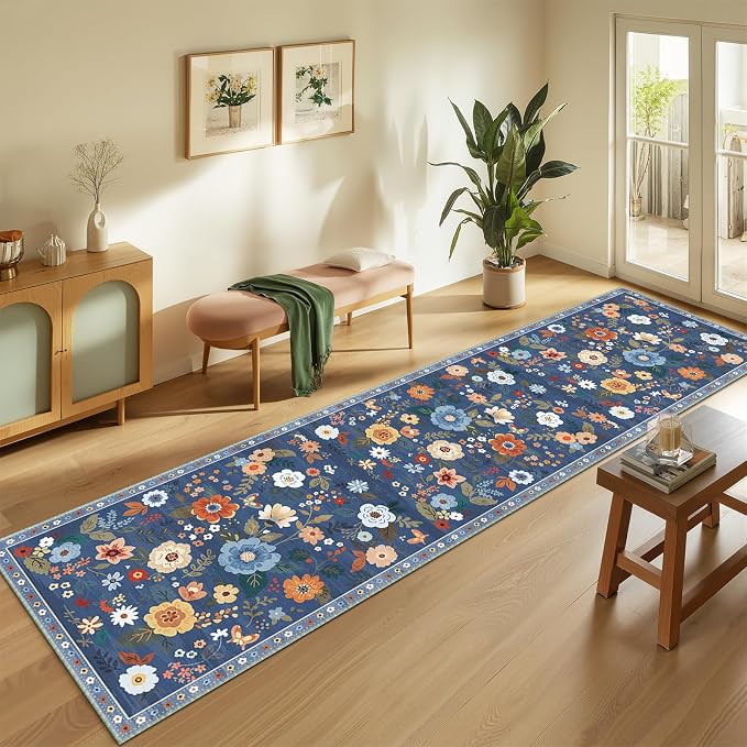 Floral Washable 2x8 Area Rugs Runner Entryway Hallway Blue/Grey | Flower Carpet, Print, Boho, Non-Slip, Easy to Clean, Low Pile, Soft, for Living Room Bedroom Kitchen Office Entrance
