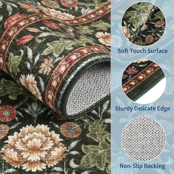 GarveeHome Large Area Rugs 9x12 for Living Room, Forest Green Floral Washable Rug Soft Non Slip Floor Mat Carpet Indoor Thin Accent Rug for Bedroom Dining Room Playroom Nursery Home Decor
