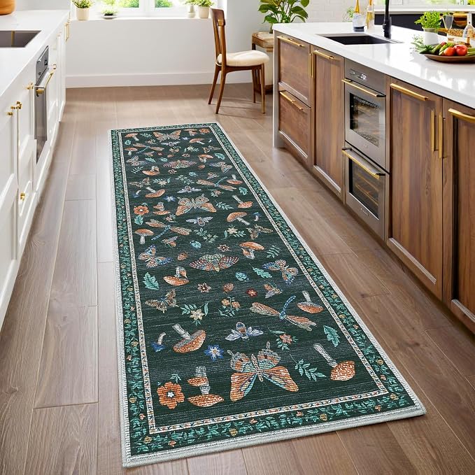 ROYHOME Mushroom Insect Rug 2x6 Runners for Hallways, Boho Kitchen Runner Rugs Non Slip Bath, Modern Washable Rug for Bedroom, Soft Long Rugs for Entryway Bathroom Laundry Dorm, Black