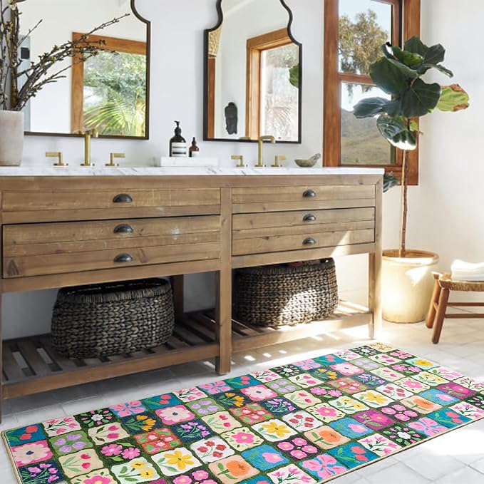 Vintage Floral 2x5 Runner Rugs Non Slip, Thin Country Colorful Flowers Botanical Indoor Entryway Rug Washable, Cute Boho Aesthetic Runner Carpet for Kitchen Bedroom Laundry Bathroom