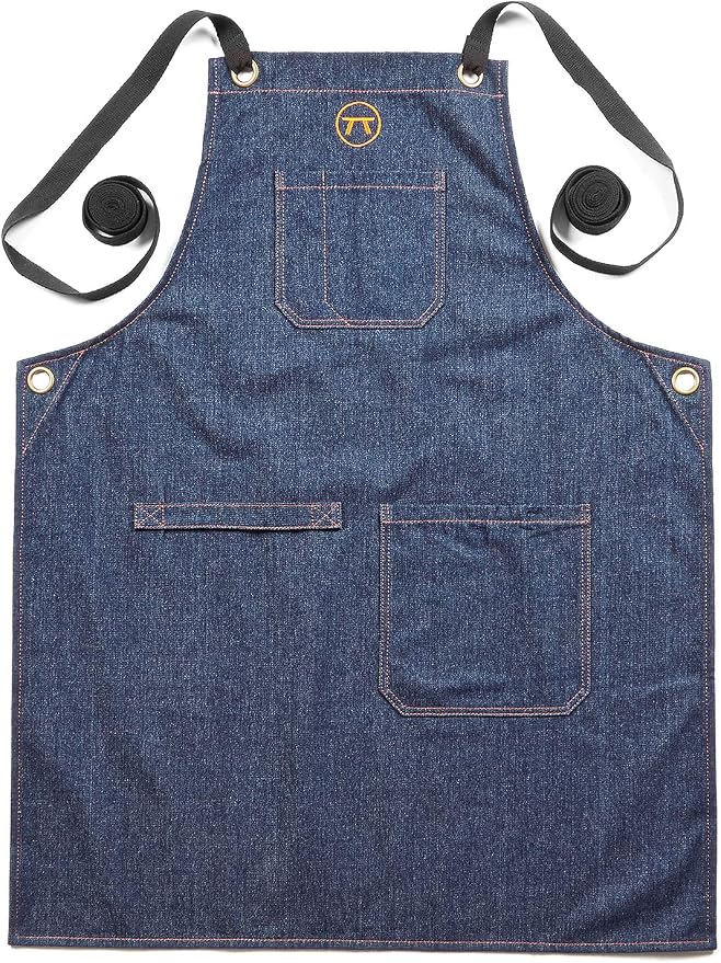 Outset Grill and Kitchen Apron, Cross Back Blue Denim Apron With Pockets, 27" x 30"