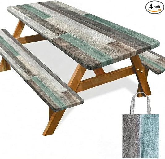 Picnic Table Cover with Bench Covers Elastic Edges Camping Essentials 4 Pcs Wood Grain Green Waterproof Oil-Proof Tablecloth with Handbag for RV Accessories Farmhouse Camping Rustic Party Decor 72 IN