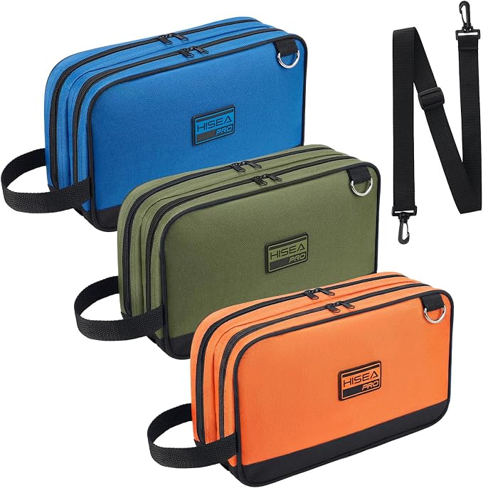 HISEA 3 Pack Small Tool Bag Set, 12 Inch Tools Pouch with 2 Pockets and Adjustable Shoulder Strap, Small Tool Organizer and Storage with Zipper for Electrican, Travel, Green Orange Blue