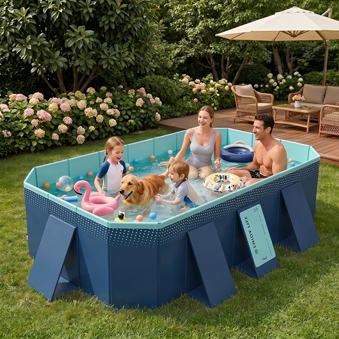 113" Non-Inflatable Foldable Pool, Extra Large Collapsible Swimming Pool with Rigid Hard Composite Board, Thickened Portable Pool for Outdoor, Backyard, Family, Camping(Geranium Blue, 3M)