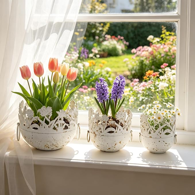 Vintage Metal Planter Set of 3, Rustic Distressed Flower Pots with Handles Farmhouse Floral Cutout Plant Containers for Indoor & Outdoor Garden Decor