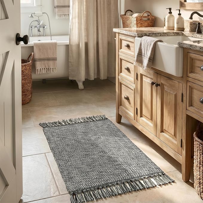 Modern Farmhouse Bathroom Rug, 2' x 3' Small Entryway Rugs | Hand Woven Washable Kitchen Rugs, Grey Low Profile Front Door Mat Reversible Braided Carpet for Porch Back Bedroom Decor