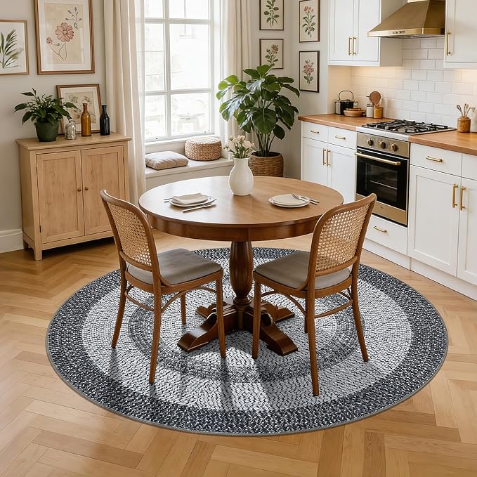 RUGSREAL Modern Bordered Round Area Rug 4ft Washable Bedroom Circle Rugs | Non Slip Stain Resistant Dining Room Round Throw Carpet Contemporary Circle Mats for Living Room Kitchen Nursery, Grey