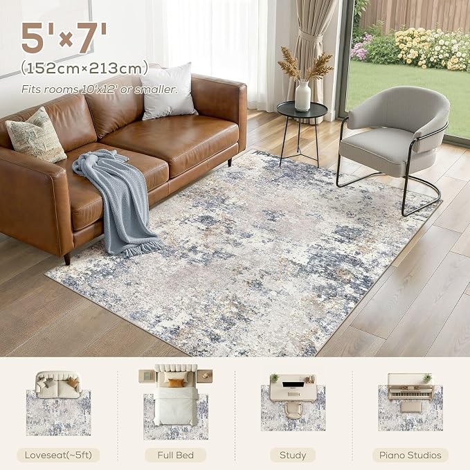 Nakagishi 5X7 Abstract Washable Area Rugs for Living Room-Blue Grey | Modern Non-Slip Silicone Backing Low Pile Soft Carpet for Bedroom Dining Decor Ideal for Families with Kids and Pets
