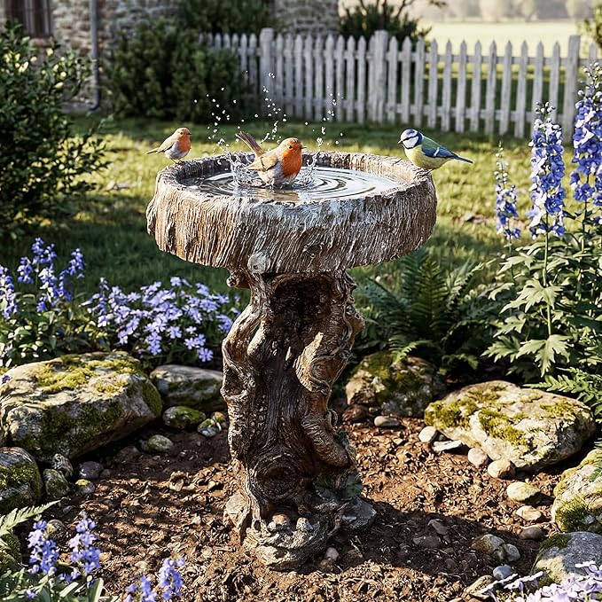 Hamiedun Bird Baths for Outdoor - 24.4" Tall Pedestal Resin fiber - Outdoor Standing Birdbath, Woodland Tree Trunk Decoration Yard Statue，Pedestal Birdbaths for Outdoors, Garden, Patio, Lawn, Backyard (24.4''H)