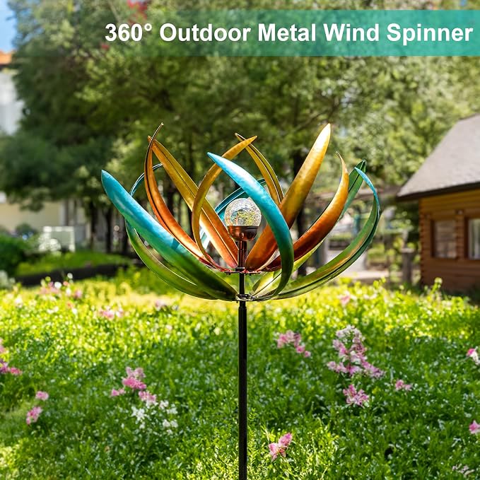 83" Large Solar Wind Spinner Outdoor - Metal Tulip Flower Sculpture with Multi-Color LED Glass Ball - Waterproof Kinetic Yard Art for Garden Lawn Patio, Mother’s Day Birthday Gardening Gifts