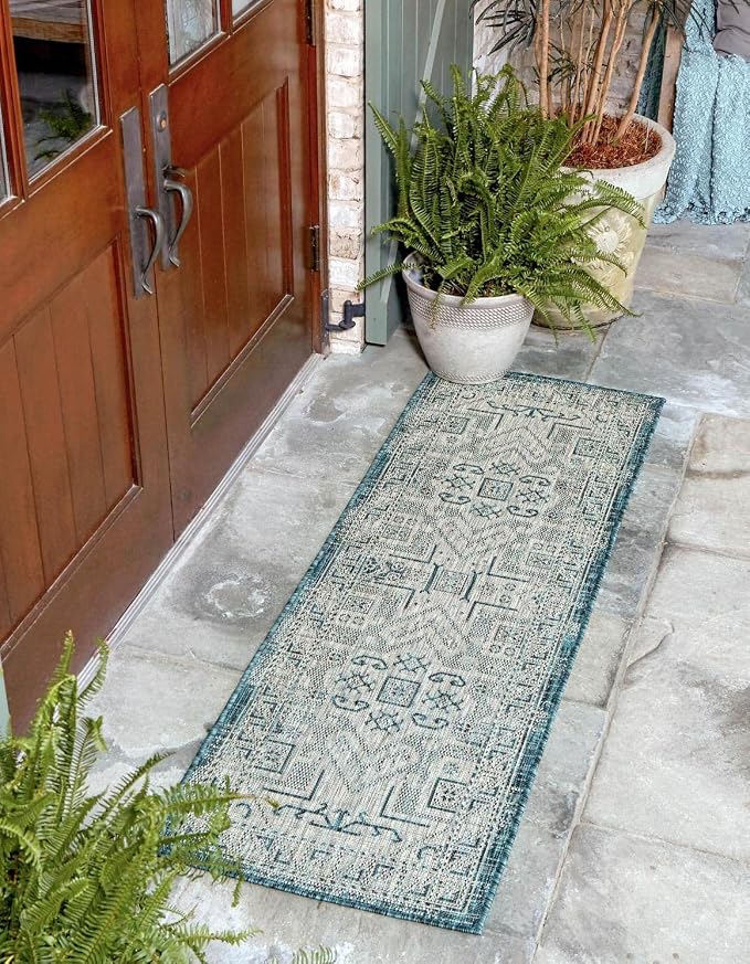 Unique Loom Outdoor Aztec Collection Area Rug - Coba (2' x 7' 10" Runner, Teal/ Ivory)