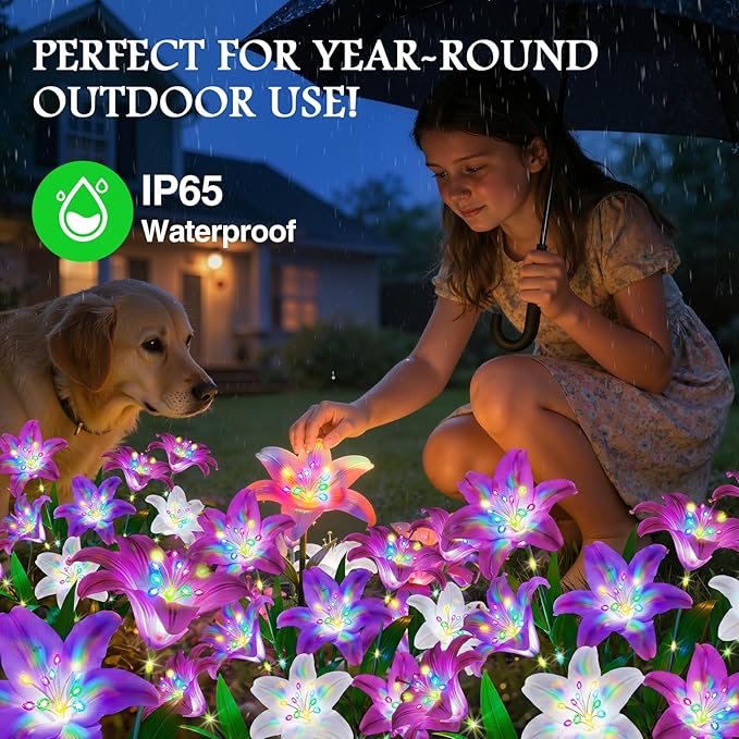 Solar Lights Outdoor Garden Decor - 6 Pack Solar Flowers with 30 Heads Colorful Lily Lights & Glowing Stems, Brighter Waterproof Decorative Garden Lights for Yard, Patio, Flower Bed, Gifts