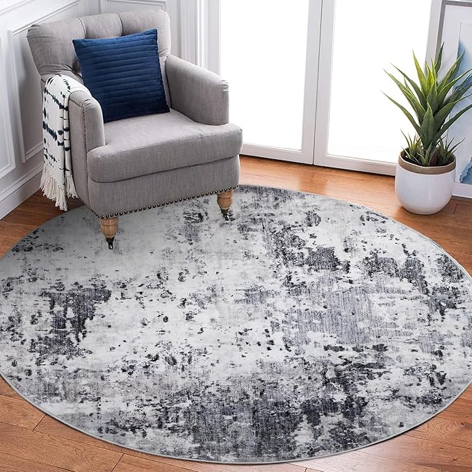 ROYHOME Modern Abstract 6x6 Round Area Rug Non Slip, Grey | Non Shedding Rug Low Pile Stain Resistant for Bedroom Living Room office Dining Room