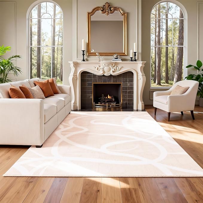 Washable Area Rug 8x10, Large Soft Rugs for Living Room Soft Off-White and Light Caramel Blend Carpet 8x10 Area Rugs for Bedroom Dining Room Non-Slip Stain Resistant Under Table Rug