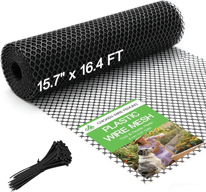 15.7" x 16.4' Plastic Mesh Fence Roll - Heavy Duty Chicken Wire Mesh Fence - Upgraded Thick Animal Barrier for Garden, Balcony Railing Safety Net, Poultry Netting with 20 Zip Ties, Black