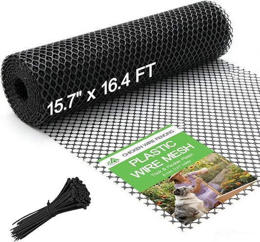 15.7" x 16.4' Plastic Mesh Fence Roll - Heavy Duty Chicken Wire Mesh Fence - Upgraded Thick Animal Barrier for Garden, Balcony Railing Safety Net, Poultry Netting with 20 Zip Ties, Black