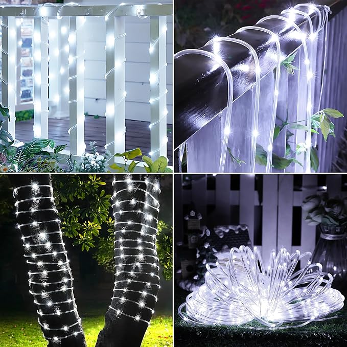Solar Rope Lights, 2 Packs Total 132ft 400LED Solar String Lights, 8 Modes Waterproof Solar Outdoor Light, Flexible Clear Trampoline Light for Garden Backyard Patio Deck Pool Tree Decor - White
