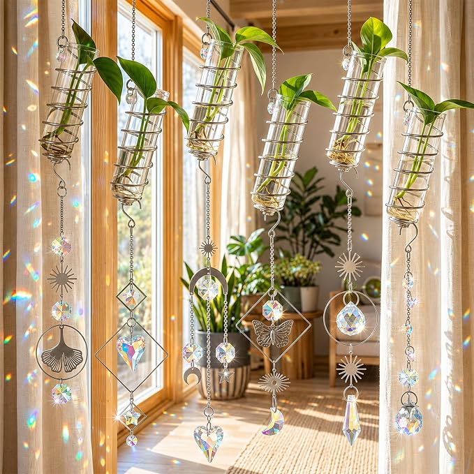 6Pcs Wall Hanging Glass Propagation Station with Crystal Planter Suncatcher | Hanging Propagation Vases for Wall Indoor Plants Hydroponics Mini Test Tube Flower Vase with Metal Chain for Home Decor