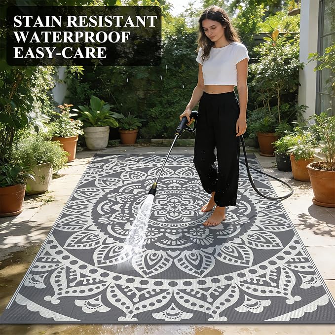Bsmathom Waterproof Outdoor Rug 5'x8' Grey | Reversible, Boho Plastic Straw, Portable RV Mat, Indoor Outdoor, For Patio Deck Camping Beach Pool