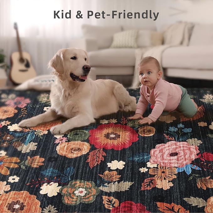 Machine Washable Runner Rug for Kitchen: 2'x6' Hallway Runner Rug Non Slip Low Pile Soft Faux Wool Carpet Runners Floral Floor Rug for Bedroom Entryway Bedroom Bathroom Laundry Room Home Office Indoor